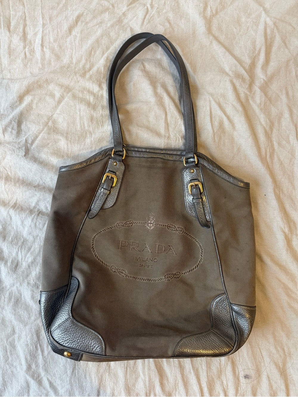 Prada Taupe Canvas Tote with Silver Leather Trim - Picture 4 of 8